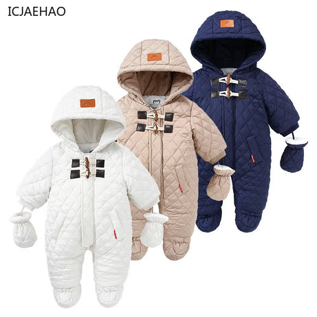 2024 Winter Newborn Baby Girl Clothes Thicken Romper with Gloves Warm Boys Jumpsuit Hooded Plus Velvet Children's Clothing 0-24M