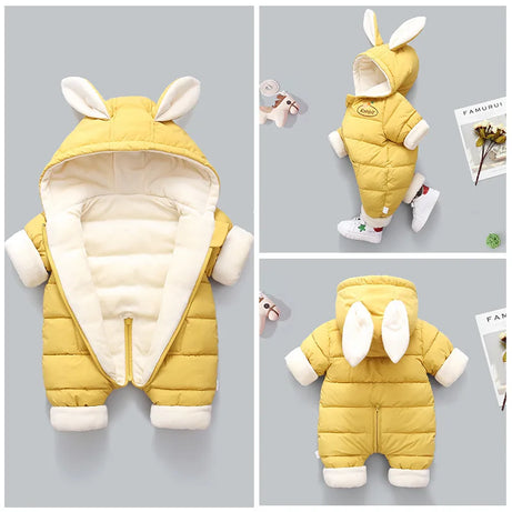 Infant Toddler One-piece Down Cotton Jacket Newborn Thicken Fleece Hooded Romper Baby Cartoon Warm Outerwear Kids Winter Coat